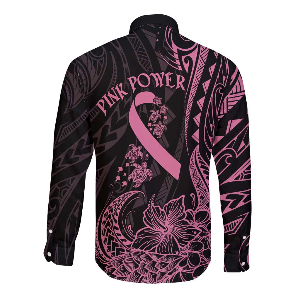 Polynesian Pink Power Long Sleeve Button Shirt Breast Cancer Ribbon Turtle and Flowers LT7 - Polynesian Pride