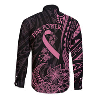 Polynesian Pink Power Long Sleeve Button Shirt Breast Cancer Ribbon Turtle and Flowers LT7 - Polynesian Pride