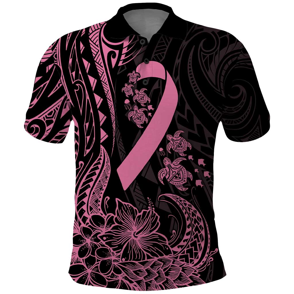 Polynesian Pink Power Polo Shirt Breast Cancer Ribbon Turtle and Flowers