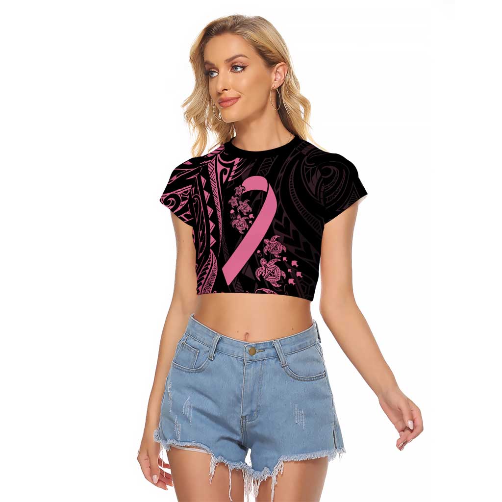 Polynesian Pink Power Raglan Cropped T Shirt Breast Cancer Ribbon Turtle and Flowers