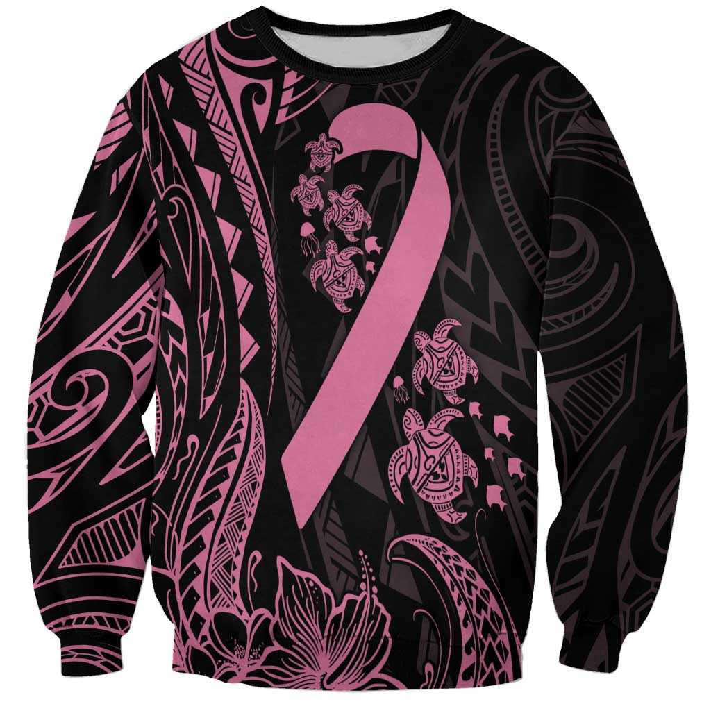 Polynesian Pink Power Sweatshirt Breast Cancer Ribbon Turtle and Flowers