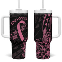 Polynesian Pink Power Tumbler With Handle Breast Cancer Ribbon Turtle and Flowers