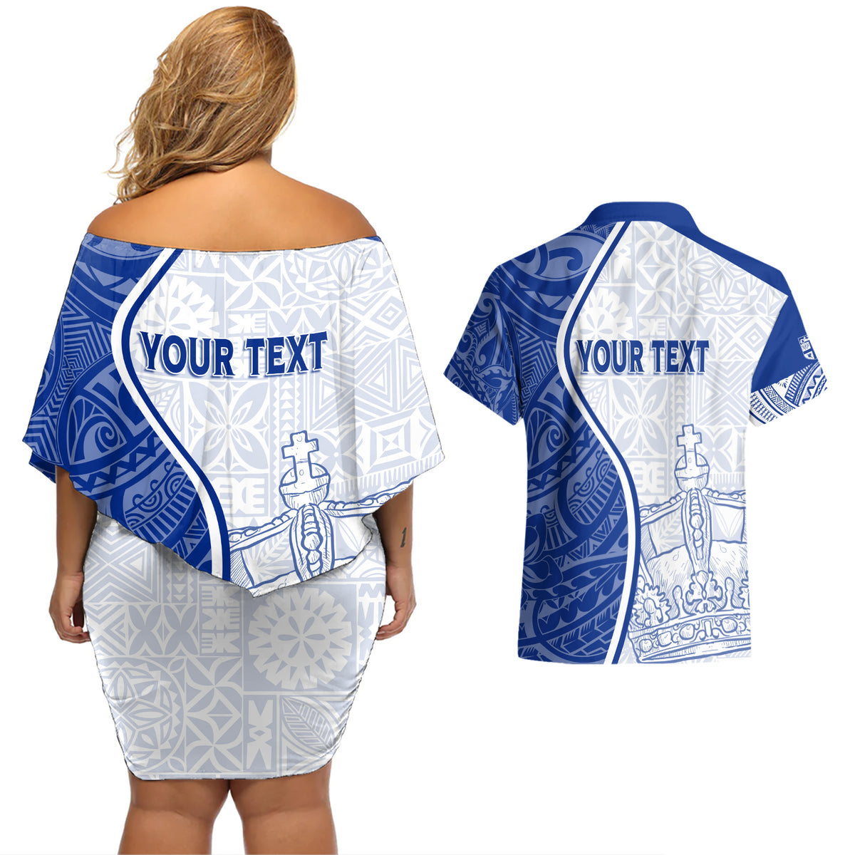 Personalised Queen Victoria School Couples Matching Off Shoulder Short Dress and Hawaiian Shirt QVS Old Boys LT7 - Polynesian Pride