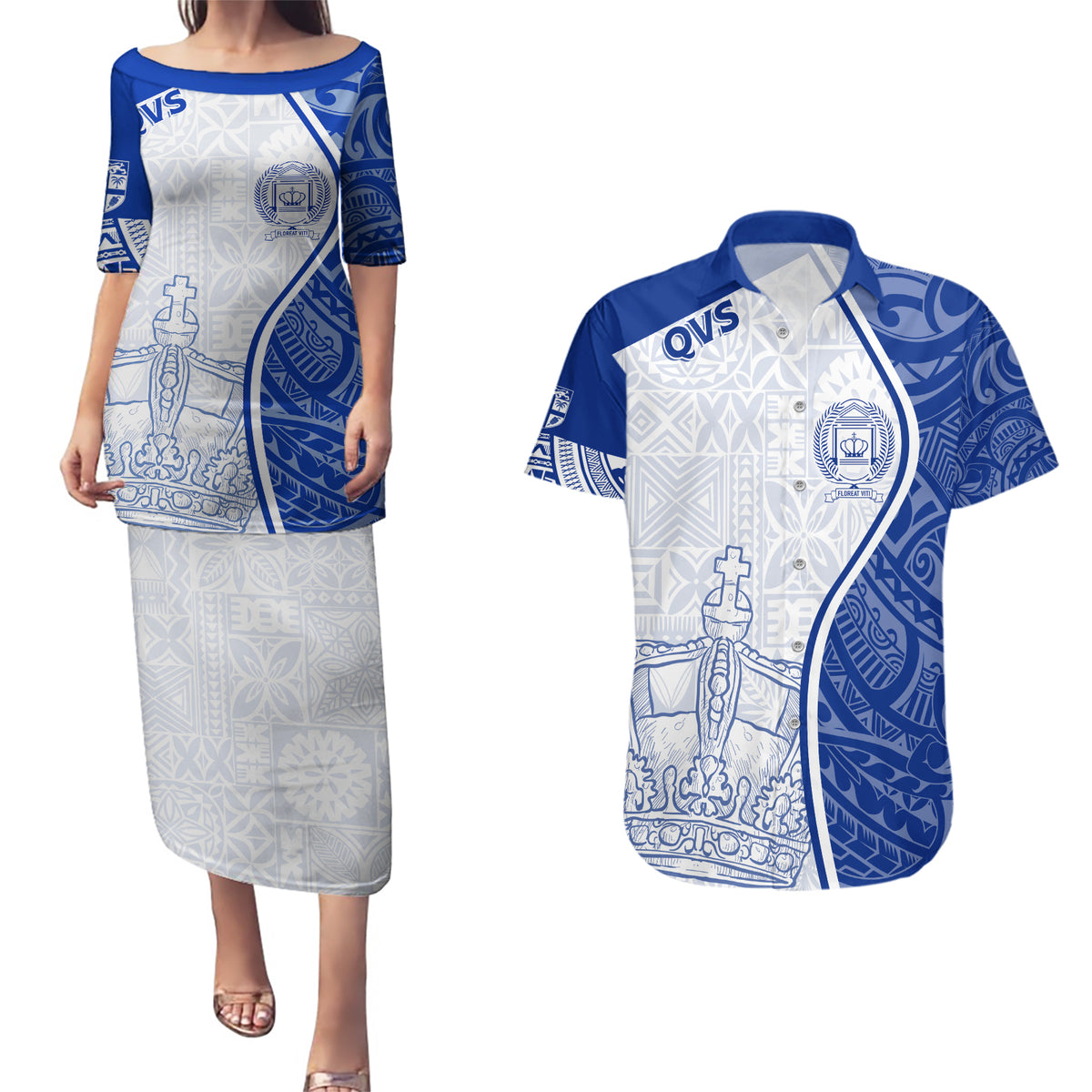 Personalised Queen Victoria School Couples Matching Puletasi Dress and Hawaiian Shirt QVS Old Boys LT7 White - Polynesian Pride