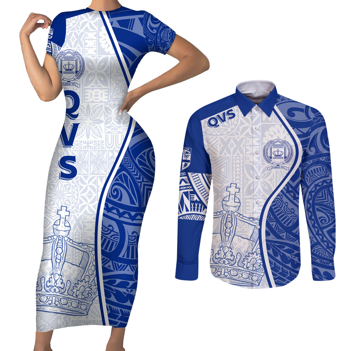 Personalised Queen Victoria School Couples Matching Short Sleeve Bodycon Dress and Long Sleeve Button Shirts QVS Old Boys LT7 White - Polynesian Pride