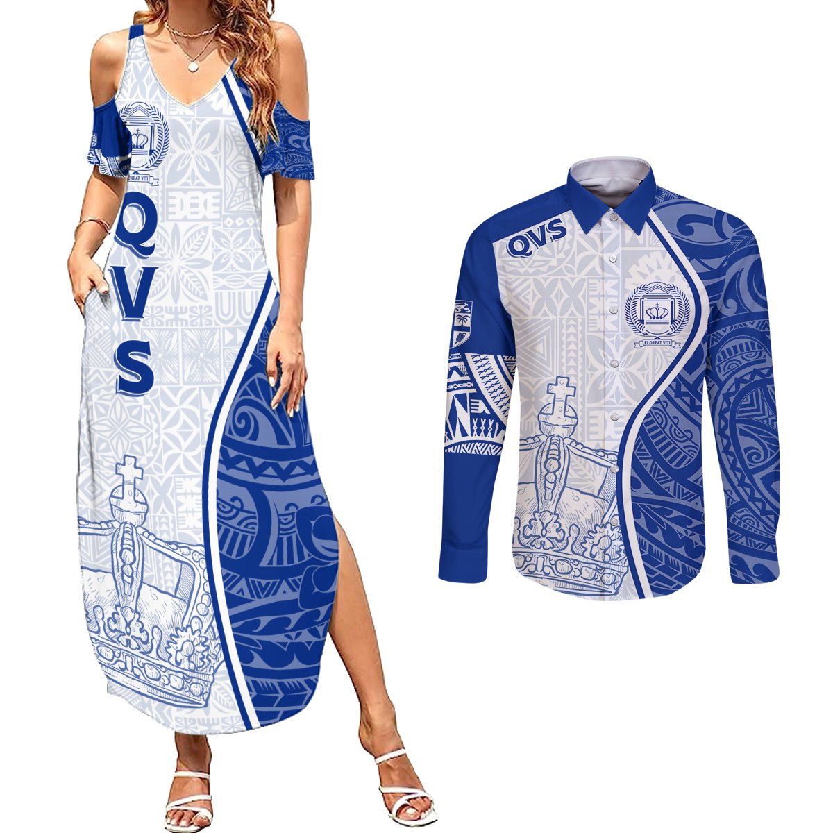 Personalised Queen Victoria School Couples Matching Summer Maxi Dress and Long Sleeve Button Shirts QVS Old Boys LT7 White - Polynesian Pride