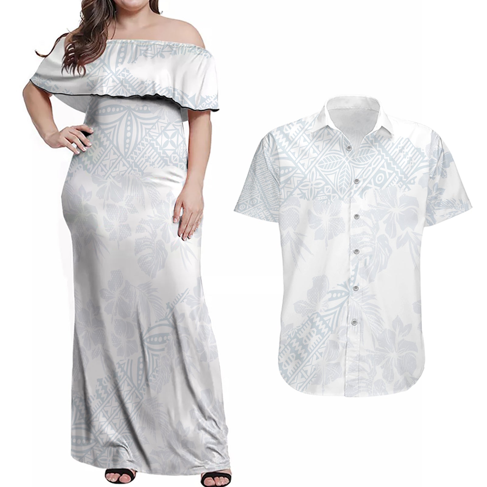 Samoa White Sunday Couples Matching Off Shoulder Maxi Dress and Hawaiian Shirt Hibiscus Special LT7 White - Polynesian Pride