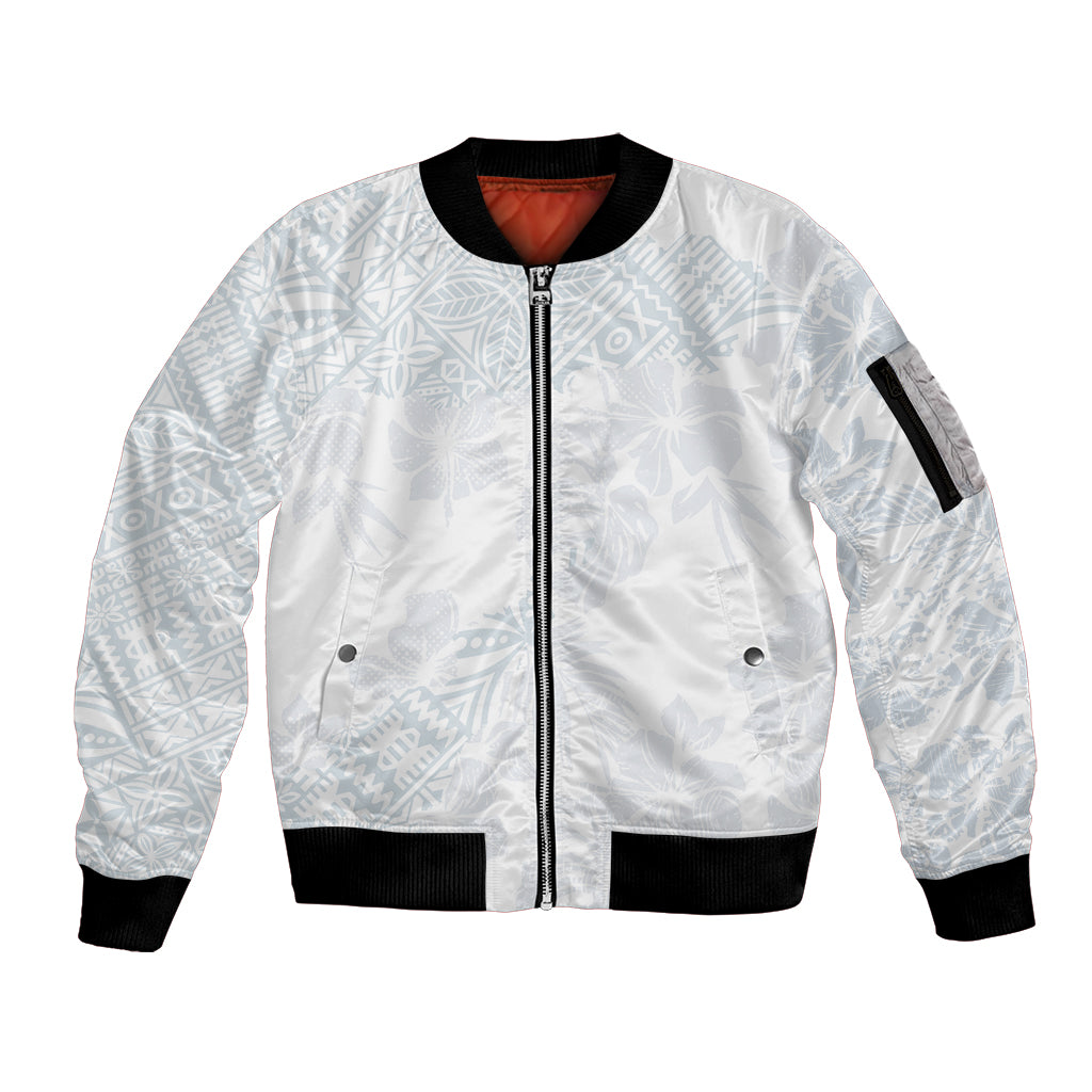 Samoa White Sunday Sleeve Zip Bomber Jacket Hibiscus Special LT7 Unisex White - Polynesian Pride