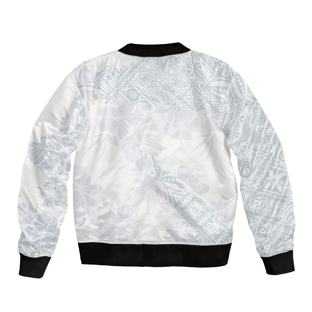 Samoa White Sunday Sleeve Zip Bomber Jacket Hibiscus Special LT7 - Polynesian Pride