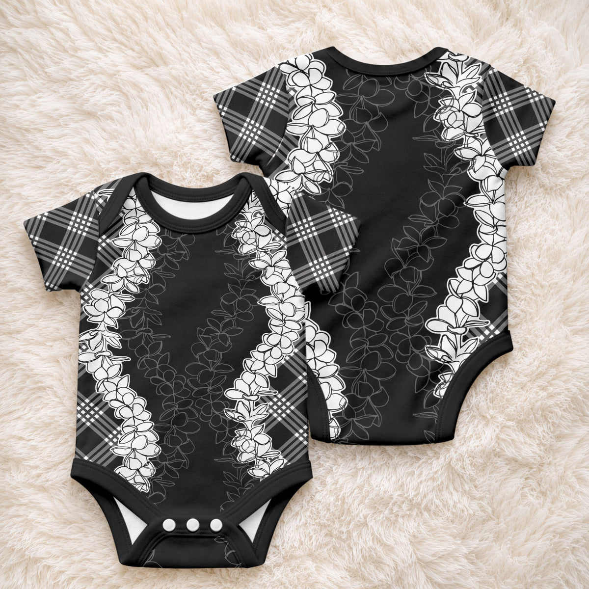 Hawaii Aloha Plumeria Lei Black Palaka Baby Onesie