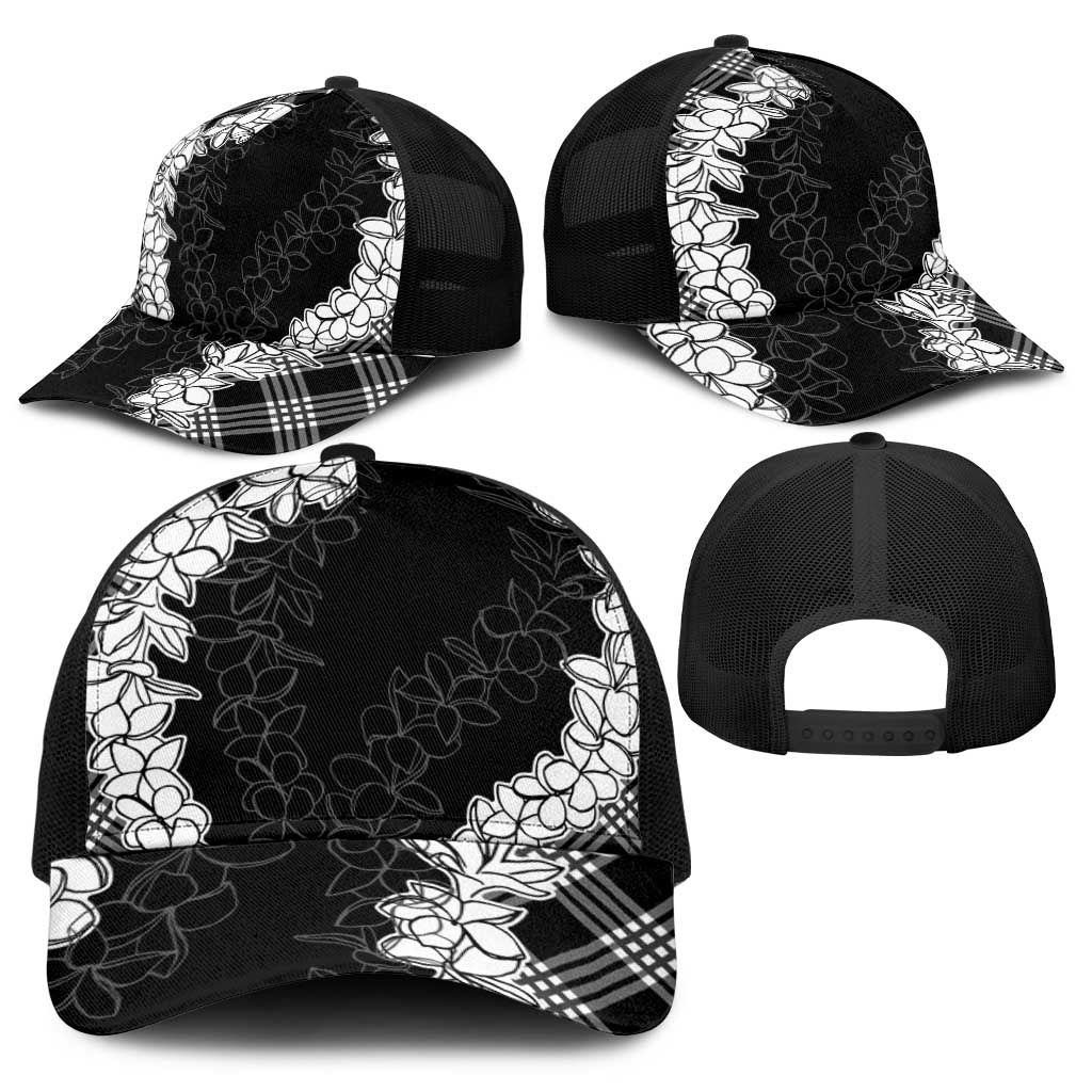 Hawaii Aloha Plumeria Lei Black Palaka Baseball Net Cap - Polynesian Pride