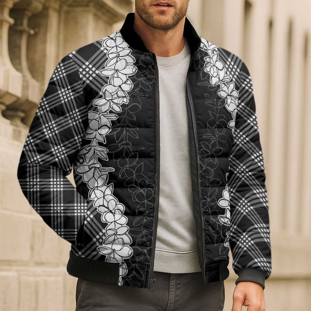 Hawaii Aloha Plumeria Lei Black Palaka Bomber Puffer Jacket - Polynesian Pride