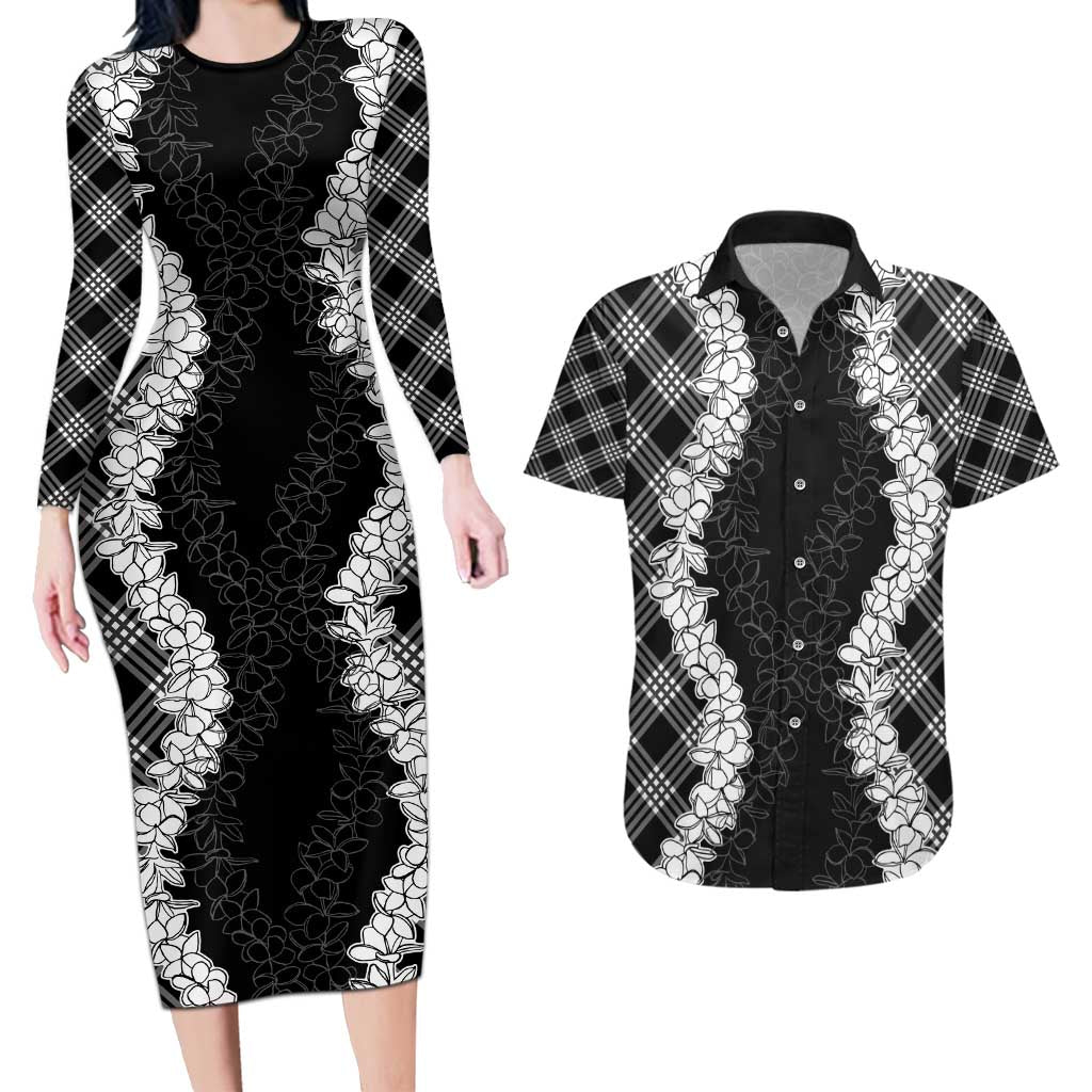 Hawaii Aloha Plumeria Lei Black Palaka Couples Matching Long Sleeve Bodycon Dress and Hawaiian Shirt - Polynesian Pride