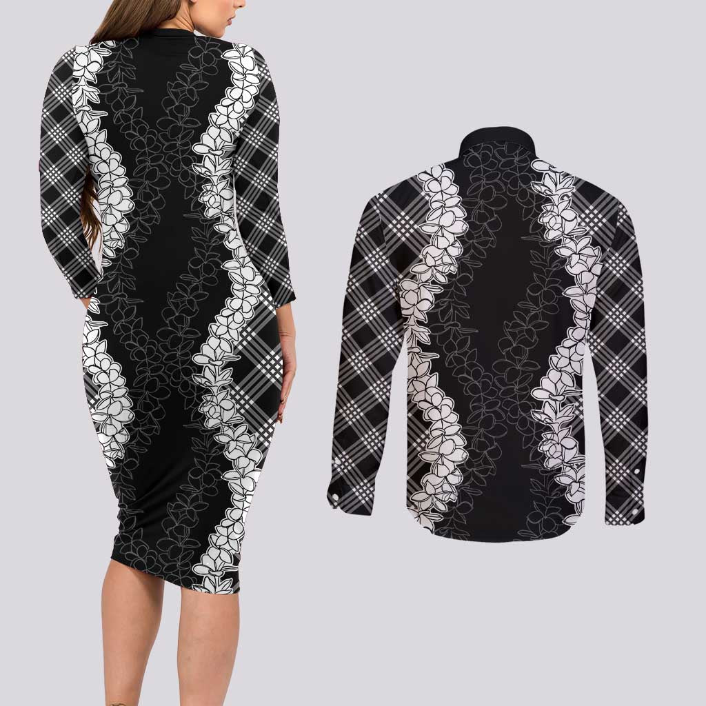 Hawaii Aloha Plumeria Lei Black Palaka Couples Matching Long Sleeve Bodycon Dress and Long Sleeve Button Shirt - Polynesian Pride
