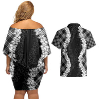 Hawaii Aloha Plumeria Lei Black Palaka Couples Matching Off Shoulder Short Dress and Hawaiian Shirt - Polynesian Pride