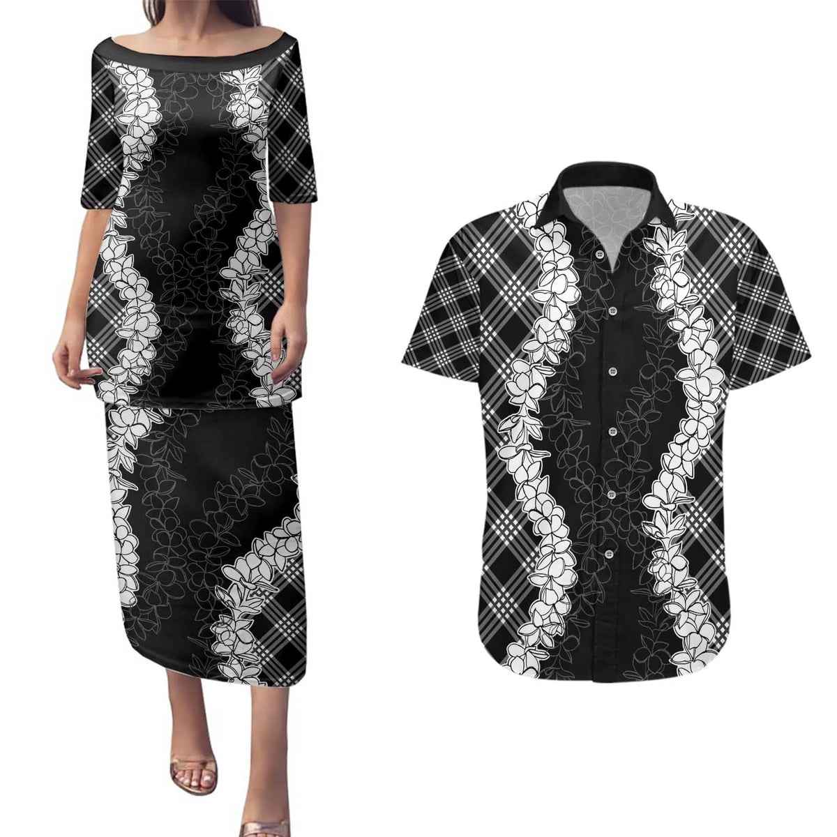 Hawaii Aloha Plumeria Lei Black Palaka Couples Matching Puletasi and Hawaiian Shirt - Polynesian Pride