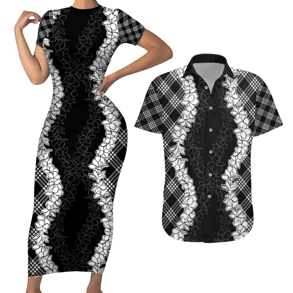 Hawaii Aloha Plumeria Lei Black Palaka Couples Matching Short Sleeve Bodycon Dress and Hawaiian Shirt - Polynesian Pride