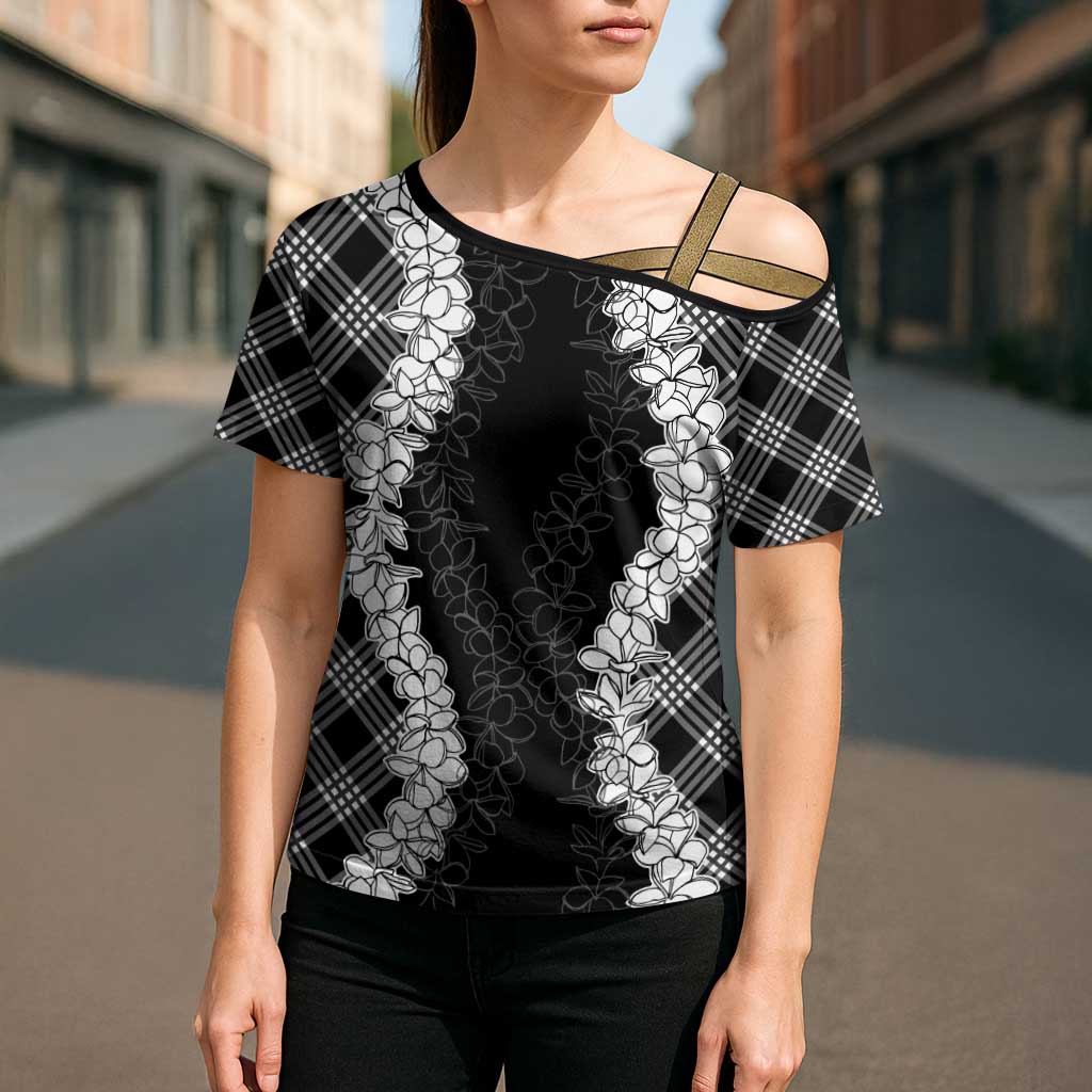 Hawaii Aloha Plumeria Lei Black Palaka Cross Shoulder Shirt - Polynesian Pride