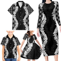 Hawaii Aloha Plumeria Lei Black Palaka Family Matching Long Sleeve Bodycon Dress and Hawaiian Shirt - Polynesian Pride