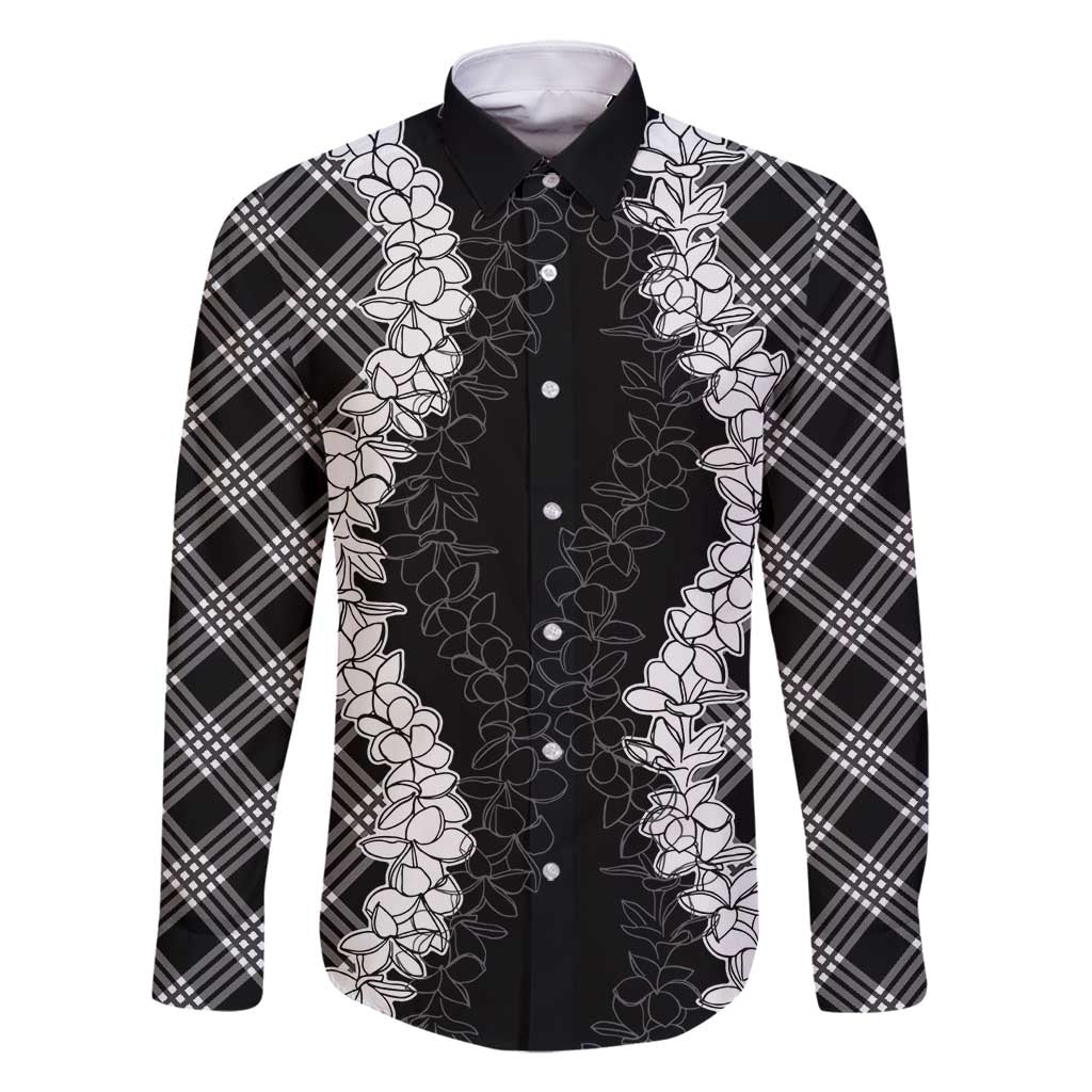 Hawaii Aloha Plumeria Lei Black Palaka Family Matching Long Sleeve Bodycon Dress and Hawaiian Shirt - Polynesian Pride