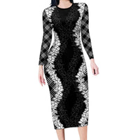 Hawaii Aloha Plumeria Lei Black Palaka Family Matching Long Sleeve Bodycon Dress and Hawaiian Shirt - Polynesian Pride