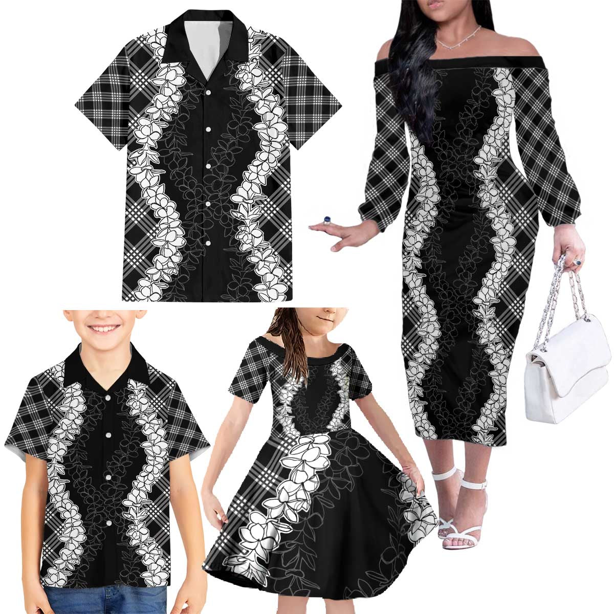 Hawaii Aloha Plumeria Lei Black Palaka Family Matching Off The Shoulder Long Sleeve Dress and Hawaiian Shirt - Polynesian Pride