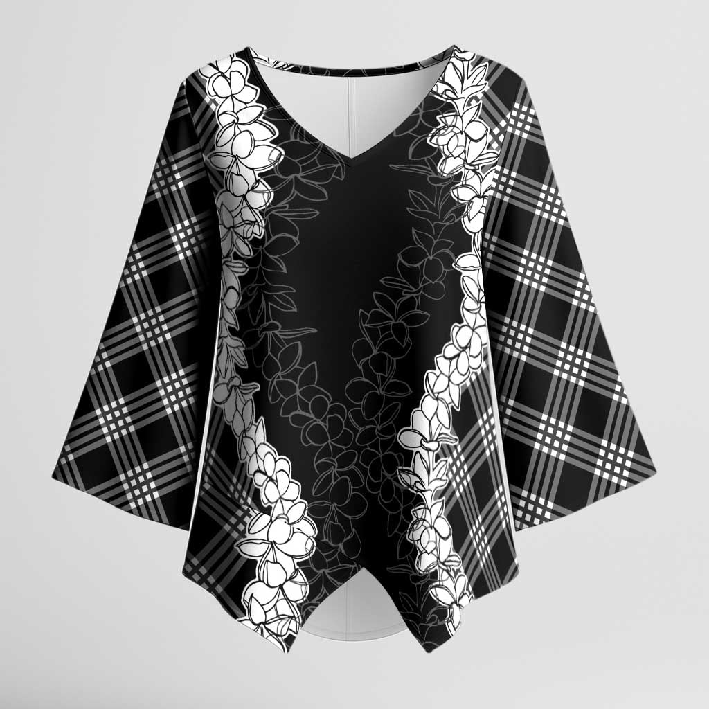 Hawaii Aloha Plumeria Lei Black Palaka Kimono Sleeve Blouse - Polynesian Pride