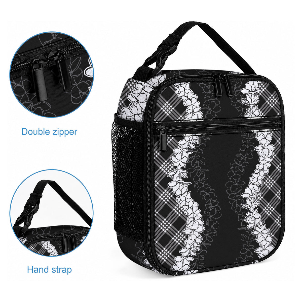 Hawaii Aloha Plumeria Lei Black Palaka Lunch Bag
