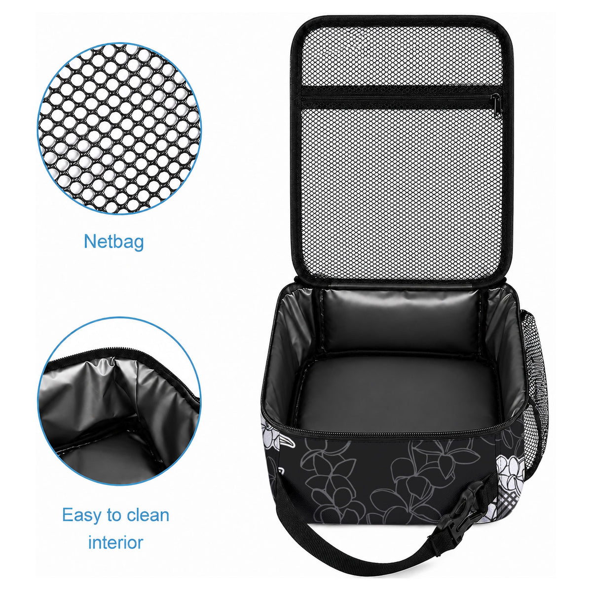 Hawaii Aloha Plumeria Lei Black Palaka Lunch Bag