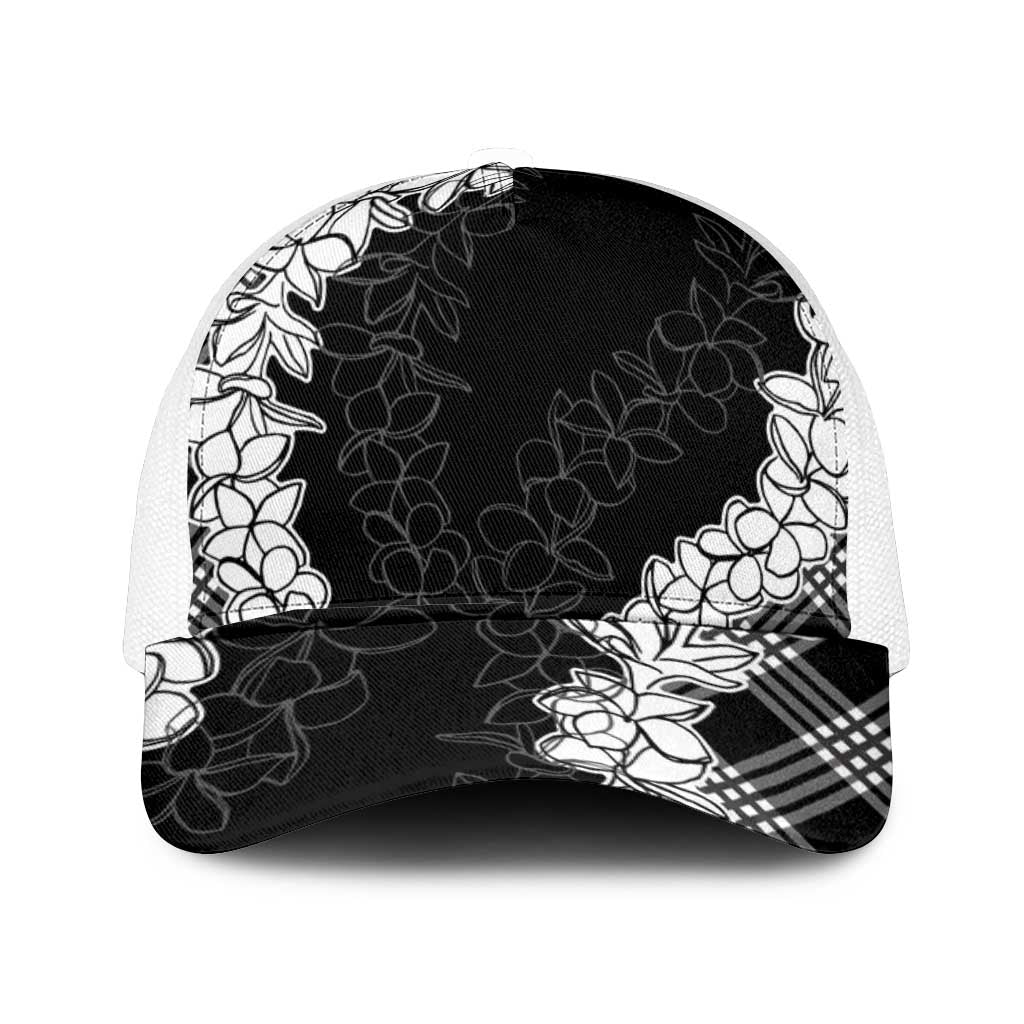 Hawaii Aloha Plumeria Lei Black Palaka Mesh Trucker Cap - Polynesian Pride