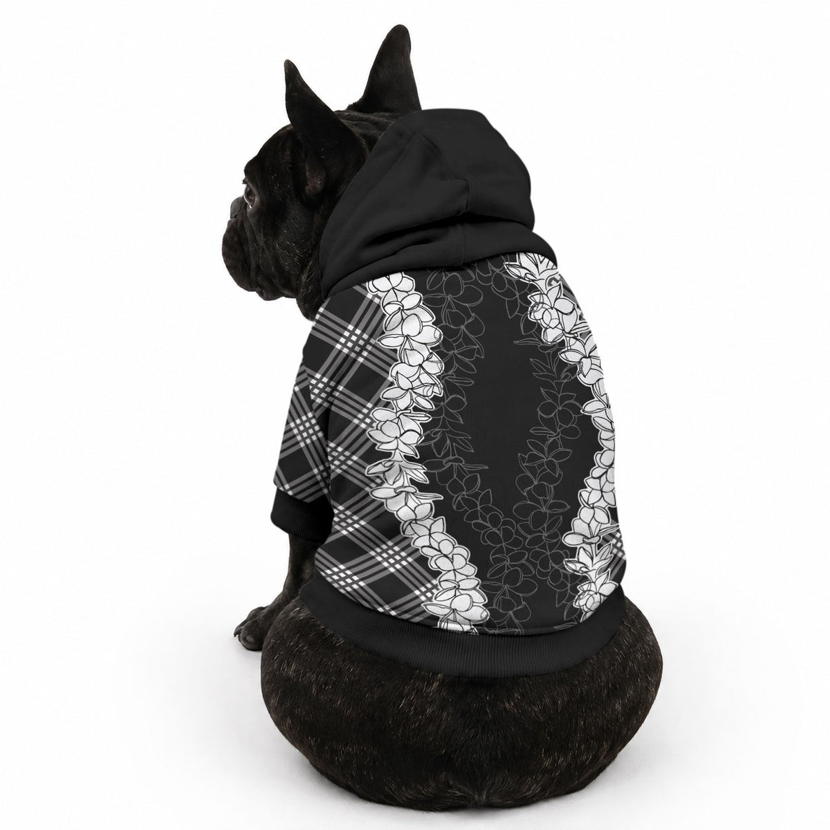 Hawaii Aloha Plumeria Lei Black Palaka Pet Hoodie