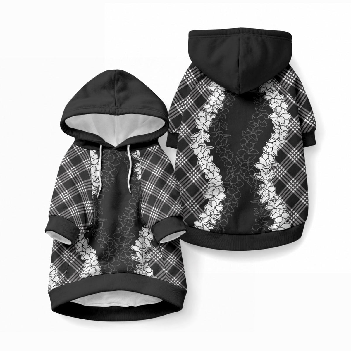 Hawaii Aloha Plumeria Lei Black Palaka Pet Hoodie