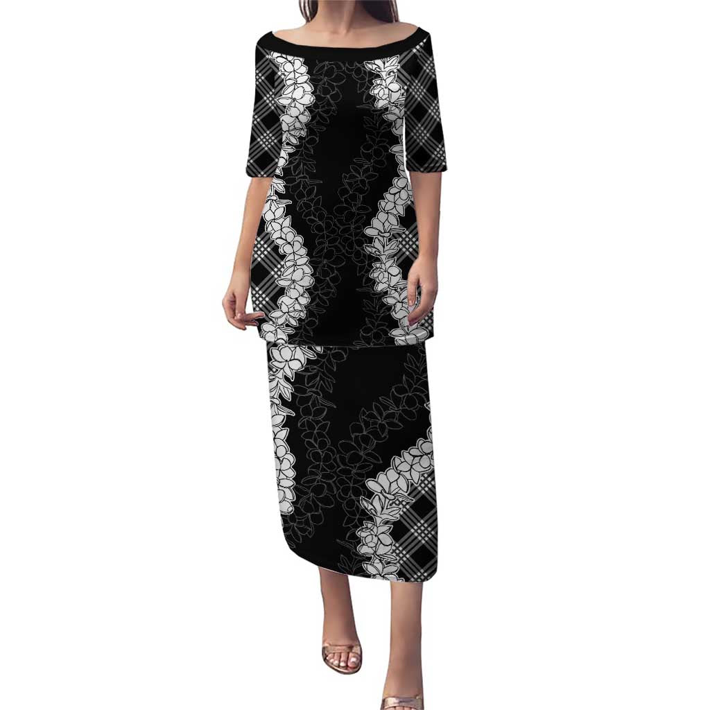 Hawaii Aloha Plumeria Lei Black Palaka Puletasi LT7 Long Dress Black - Polynesian Pride