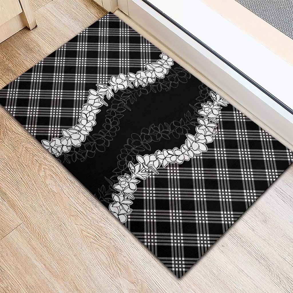 Hawaii Aloha Plumeria Lei Black Palaka Rubber Doormat - Polynesian Pride