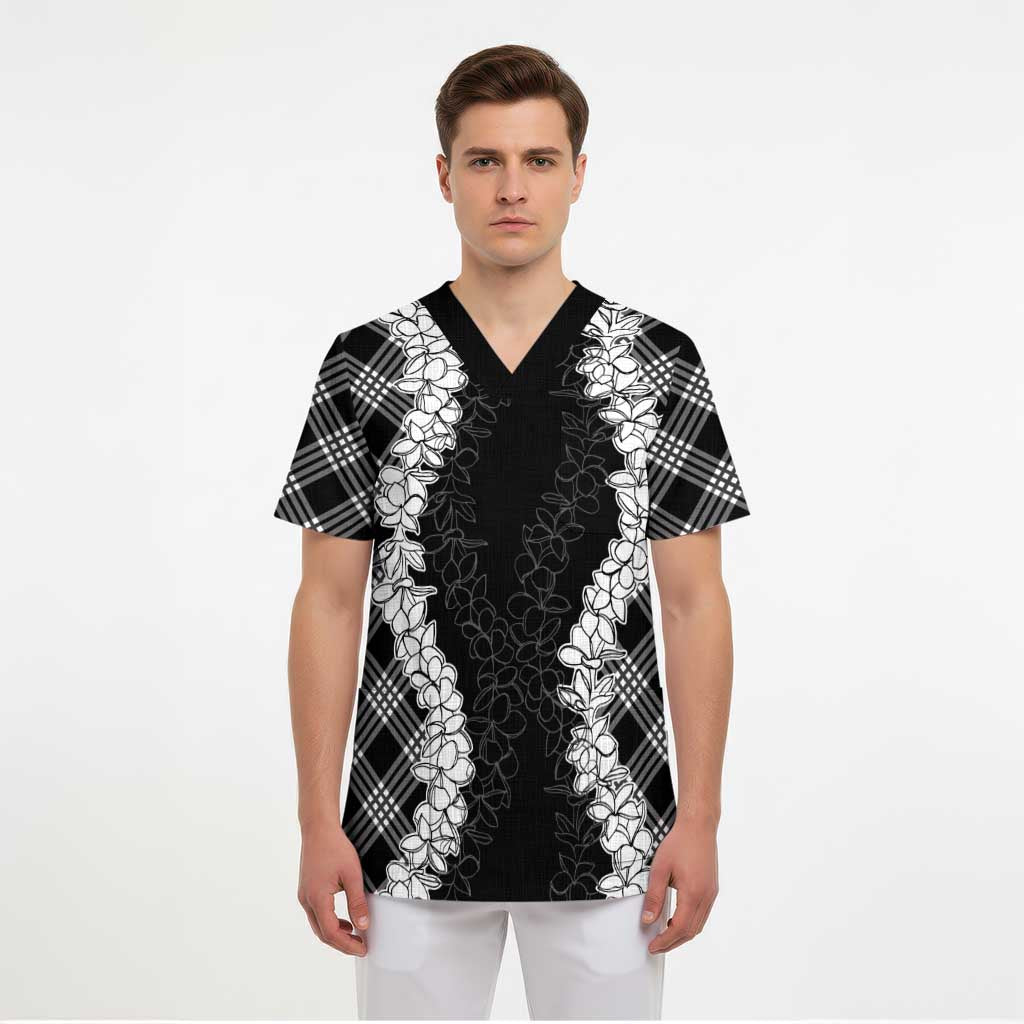 Hawaii Aloha Plumeria Lei Black Palaka Scrub Top - Polynesian Pride