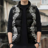 Hawaii Aloha Plumeria Lei Black Palaka Sleeveless Puffer Jacket - Polynesian Pride