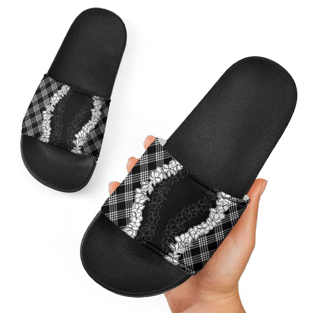Hawaii Aloha Plumeria Lei Black Palaka Slide Sandals LT7 - Polynesian Pride