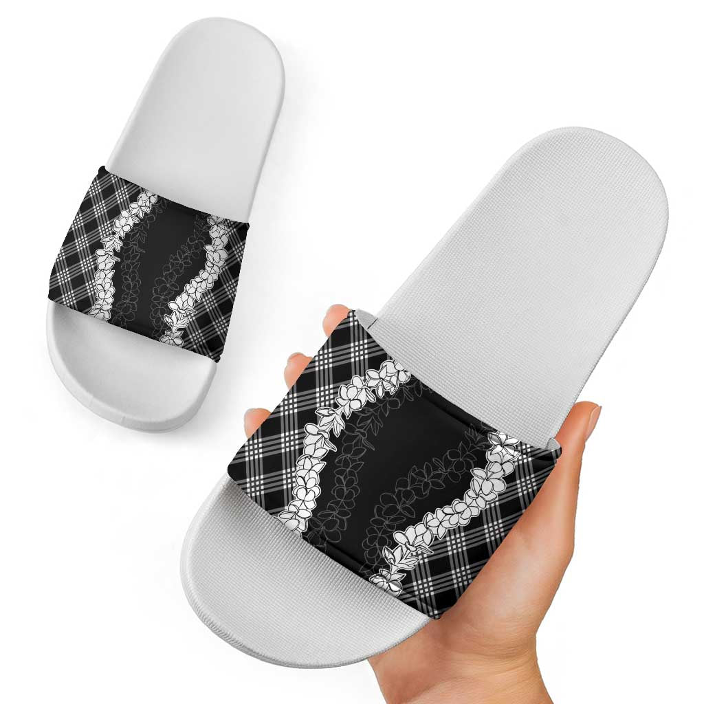Hawaii Aloha Plumeria Lei Black Palaka Slide Sandals LT7 - Polynesian Pride