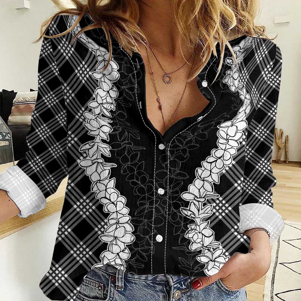 Hawaii Aloha Plumeria Lei Black Palaka Women Casual Shirt - Polynesian Pride