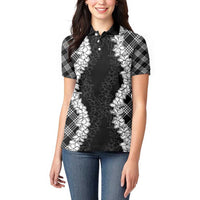 Hawaii Aloha Plumeria Lei Black Palaka Women Polo Shirt - Polynesian Pride