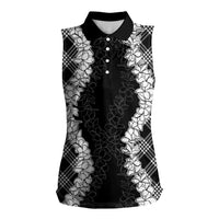 Hawaii Aloha Plumeria Lei Black Palaka Women Sleeveless Polo Shirt - Polynesian Pride