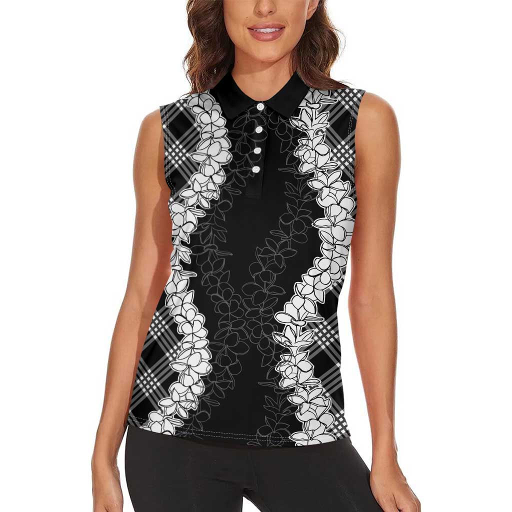 Hawaii Aloha Plumeria Lei Black Palaka Women Sleeveless Polo Shirt - Polynesian Pride