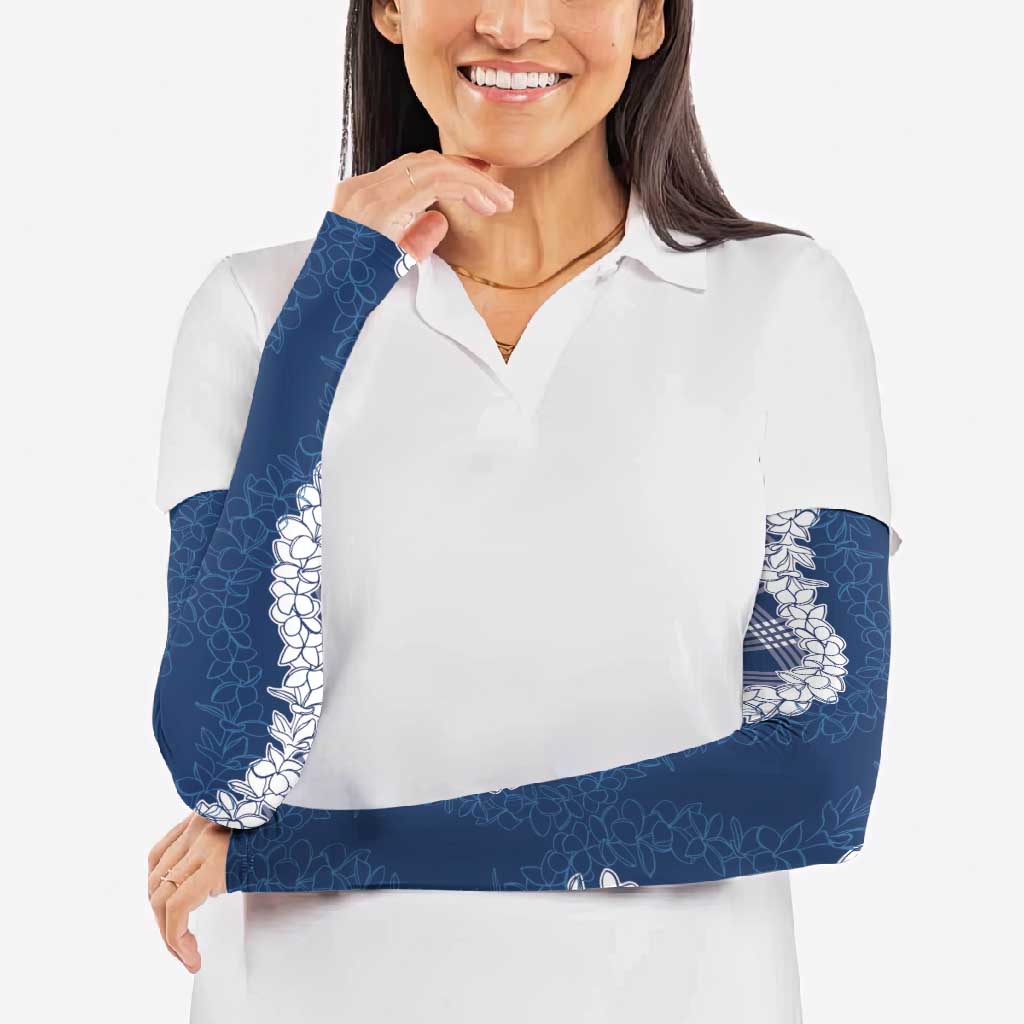 Hawaii Aloha Plumeria Lei Navy Palaka Arm Sleeves - Polynesian Pride