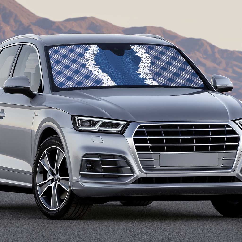 Hawaii Aloha Plumeria Lei Navy Palaka Auto Sun Shade - Polynesian Pride