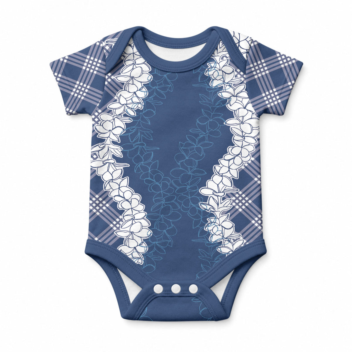 Hawaii Aloha Plumeria Lei Navy Palaka Baby Onesie