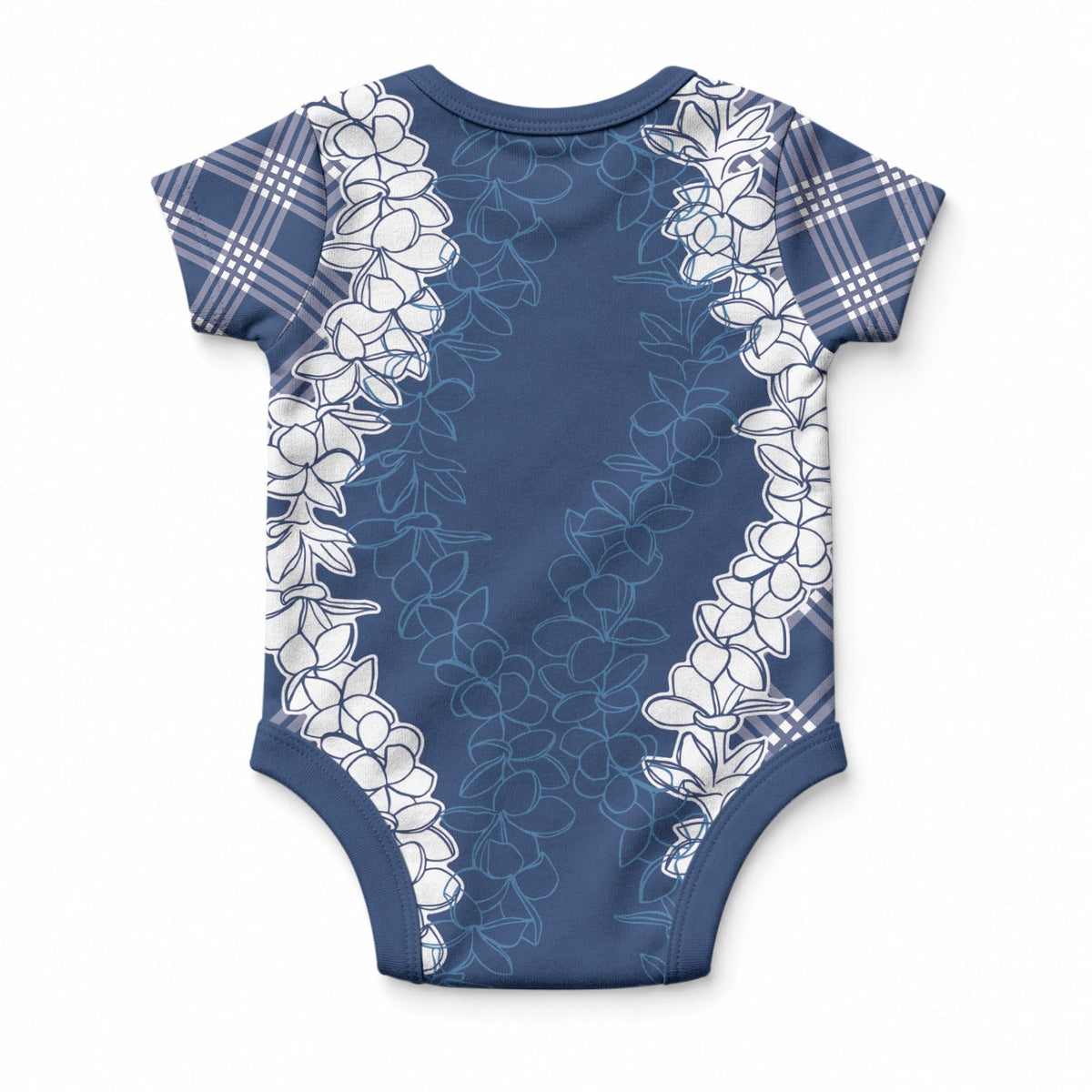 Hawaii Aloha Plumeria Lei Navy Palaka Baby Onesie