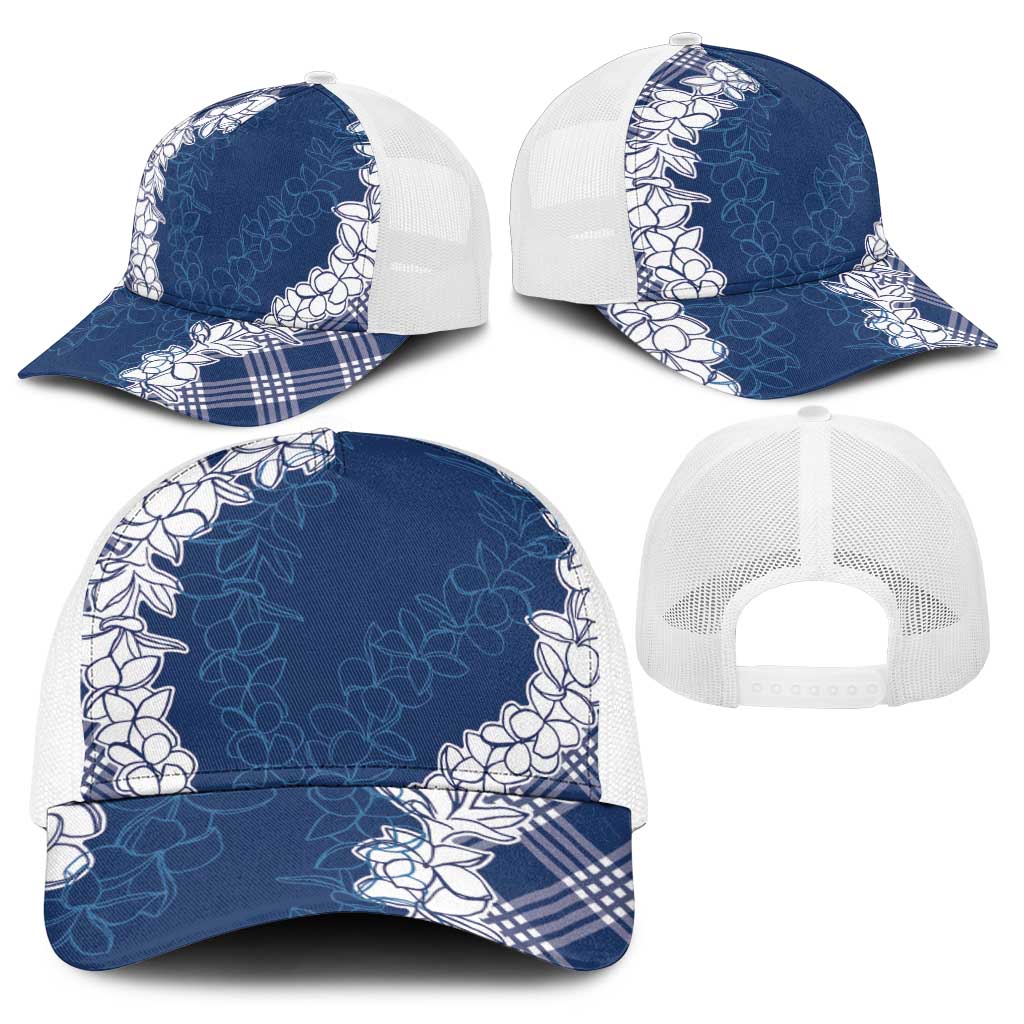 Hawaii Aloha Plumeria Lei Navy Palaka Baseball Net Cap - Polynesian Pride