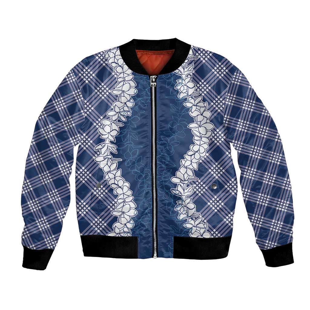 Hawaii Aloha Plumeria Lei Navy Palaka Bomber Jacket LT7 Unisex Navy Blue - Polynesian Pride