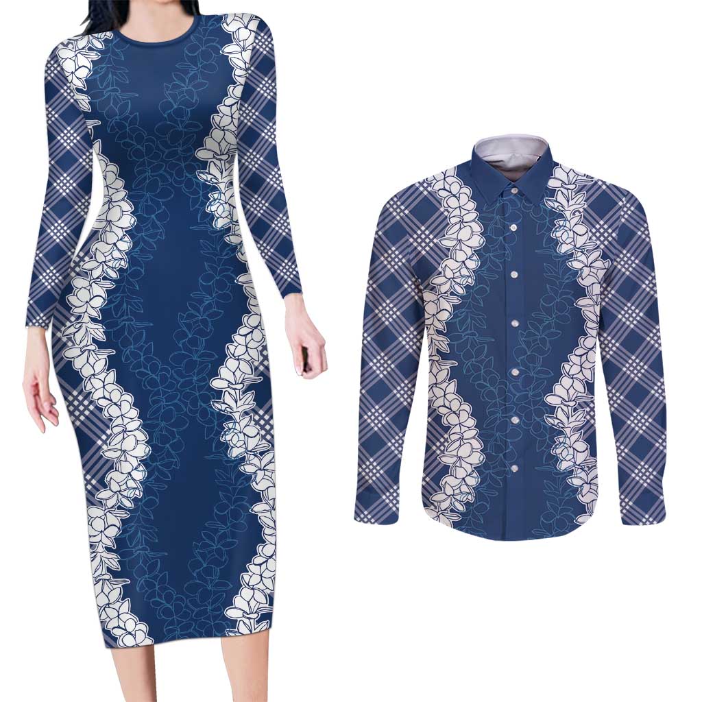 Hawaii Aloha Plumeria Lei Navy Palaka Couples Matching Long Sleeve Bodycon Dress and Long Sleeve Button Shirt - Polynesian Pride