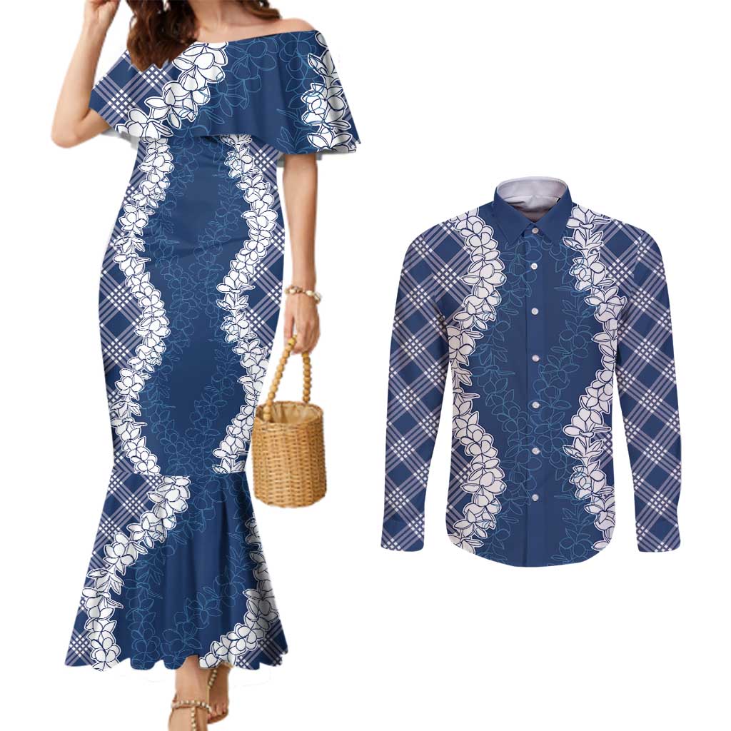 Hawaii Aloha Plumeria Lei Navy Palaka Couples Matching Mermaid Dress and Long Sleeve Button Shirt - Polynesian Pride